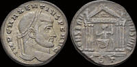 Roman follis Maxentius AE follis Roma seated in hexastyle temple -