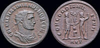 Roman AE post-reform radiate Galerius, as Caesar AE post-reform radiate Galerius receiving Victory on globe -
