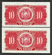 10 Bolivianos 1928 Bolivia 2 x  Fancy Serial 008844 & 002100 Pick # 130 CRISP UNC