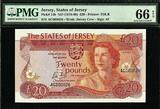 UK (Great Britain) 20 Pounds 1976-88 Jersey  QEII LOW Serial 000026 Pick-14b ND GEM UNC PMG 66 EPQ