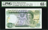 UK (Great Britain) 10 Pounds Jersey QEII  1976-88 P-13b Serial 899699 GEM UNC PMG 65 EPQ