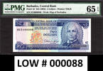 2 Dollars Barbados ND LOW Serial 000088 Pick-42 GEM UNC PMG 65 EPQ -