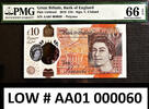 UK (Great Britain)  England £10 Polymer 1st Prefix LOW Serial AA01 000060 GEM UNC PMG 66 EPQ