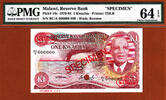 Malawi 1 Kwacha Malawi SPECIMEN Pick-14s Ch UNC PMG 64 EPQ -