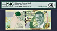 Bahamas 2008 $ Bahamas $1 LOW Serial 000006 Pick-71 GEM UNC PMG 66 EPQ -