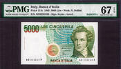 Italy 5000 Lire 1985 SOLID Serial 333333 Pick-111c SUPERB GEM UNC PMG 67 EPQ