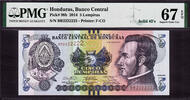 5 Lempiras 2014 Honduras  SOLID Serial 2222222 Pick-98b SUPERB GEM UNC PMG 67 EPQ