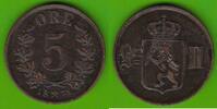 Norwegen 5 Öre Oscar II. 1872-1905, seltenster Jahrgang dieses Typs -
