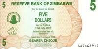 Zimbabwe 20 Dollars ZIMBABWE - PICK 38 - 5 DOLLARS - 01/08/2006 -