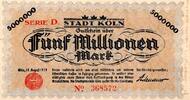 Allemagne 5 Millionen Mark GERMANY - KELLER 2684 a - STADT KÖLN - RHEINLAND - 5 MILLIONEN MARK - 08/15/1923 - SERIE D -