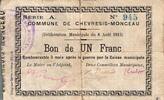 1 Franc 1915 France KOMITAT 02270 – CHEVRESIS-MONCEAU – 1 FRANC GUTSCHEIN – 08.08.1915 – SERIE A SS