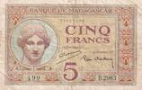 Madagascar  5 Francs Goddess Juno - 1937 - Serial B.2983 VF