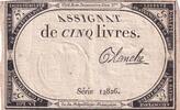 France 5 livres 5 Pounds 10 Brumaire Year II (31.10.1793) - Sign. Blanche - Serial 12826 VF