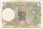 French West Africa 1937 5 Francs - Coffe tree - Man weaving - 12-08-1937 - Serial U.3918 XF