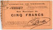 France 5 francs 5 Francs Vendeuil City - 1914 - 1915 -