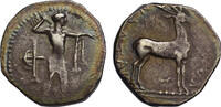 Bruttium, Kaulonia AR didrachm Apollo standing right, bird-trap/Stag right, pedigree to 1928, cited in Noe -