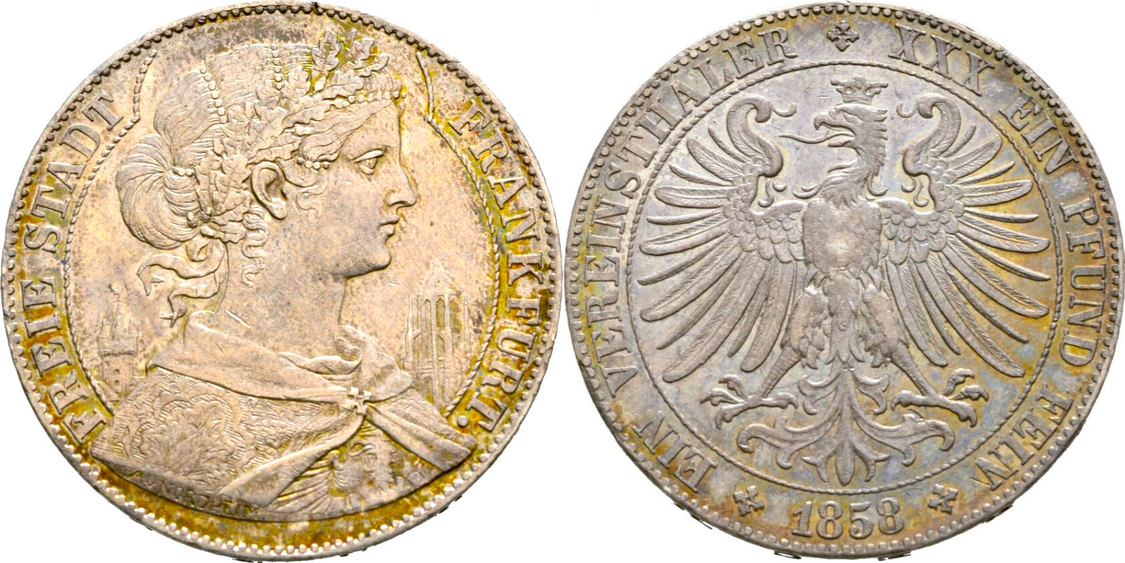 1 Thaler 1858 Frankfurt Silver AU Taler Coin Germany Golden