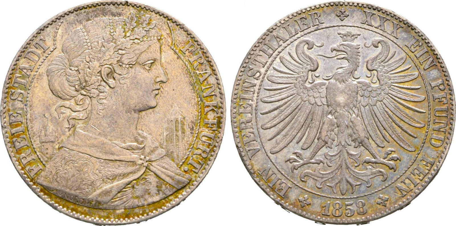 1 Thaler 1858 Frankfurt Silver AU Taler Coin Germany Golden