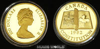 Canada 100 Dollars Canada, 100 Dollars, 1982, Elizabeth II., CONSTITUTION, 1/2 oz. Gold 917/1000, Originalkapsel PP -