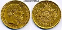 Belgien 20 Francs 1876 Leopold II. 1865-1909, 6,47 g/900 Gold, S24, f. Stg  827,40 EUR  Excl. 23,00 EUR Verzending