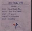 ARUBA , KM# 29 , Silver, 10 Florin, 2003, Prooflike, Burrowing Owl. Scarce. Coin housed in Original Mint Capsule! Coin in excell