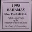 BAHAMAS, KM# 200 , Silver, 10 Dollars , 1998, Proof, 50th Anniversary of the University of the West Indies. Royal Mint. Very rar