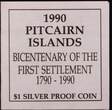 1990 PITCAIRN ISLANDS , KM# 7a , Silver, 1 Dollar, 1990, Proof, Establishment of Settlement, 1790-1990. Rev. Ship in flames. Coin hou