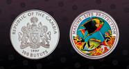 GAMBIA 100 Bututs GAMBIA, KM Unlisted , Silver, 100 Bututs, 1997, Proof, Marine Life Protection - Pair of multicolored fish. Very rare coin. High -