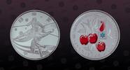 JAPAN 1000 Yen JAPAN , Y# 131 , Silver, 1000 Yen, 2003, Proof, 5th Winter Asian Games, Aomori - three red apples and logo. Colored. Scarce coin -