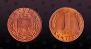 LATVIA 1 Santims LATVIA, KM #10 , Bronze, 1 Santims, 1939, Mint Strike, Scarce in Gem condition! -