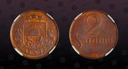 LATVIA 2 Santimi LATVIA, KM# 2 , Bronze, 2 Santimi, 1922, Mint Strike, Scarce type Without Name in Choice condition! Toned! -