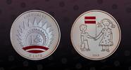 LATVIA 1 Lats LATVIA, KM# 99 , Silver, 1 Lats, 2008, Proof, 90th Anniversary of Statehood - Two children holding multicolor flag. Coin housed -