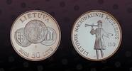 LITHUANIA, KM# 144 , Silver, 50 Litu, 2005, Proof, 150th Anniversary - National Museum. Obv. Trio of ancient Lithuanian coins R