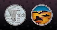 NAMIBIA 10 Dollars NAMIBIA , Unlisted, Silver, 10 Dollars, 1995, Proof, Pattern. Obv. Map of Namibia with largest Cities. Rev. Multicolored Sand Du -