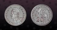 NEW CALEDONIA 20 Francs NEW CALEDONIA , KM P2 , Nickel, 20 Francs, 1967, Proof, Three zebus heads left. Scarce Piefort coin! Double Thickness. Only 500 -
