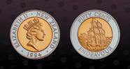 NEW ZEALAND 50 Cents NEW ZEALAND , KM# 90a , Ring Composition: 0.925 Silver Center Composition: Aluminum Bronze, 50 Cents, 1994, Proof, Endeavour. Sc -