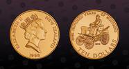 NEW ZEALAND 10 Dollars NEW ZEALAND , KM# 114a , Copper Zinc Alloy Coated with Gold 24 Carat Pure Gold, 10 Dollars, 1998, Proof, Century of Motoring. Wi -