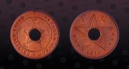 BELGIAN CONGO , KM# 15 , Copper, 1 Centime, 1910, Mint Strike, With round hole in the center of the coin. Excellent coin in Choi
