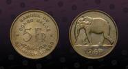 BELGIAN CONGO , KM# 29 , Brass, 5 Francs , 1947, Mint Strike, Elephant left. Nice coin!