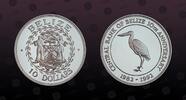BELIZE, KM# 104 , Silver, 10 Dollars , 1992, Proof, 10th Anniversary of Central Bank - Jabiru stork. Scarce silver proof coin in