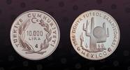 TURKEY 10000 Lira TURKEY, KM# 1009 , Silver, 10000 Lira, 1986, Proof, 1986 World Championship Soccer. Rev. Cactus. Coin in excellent condition! -