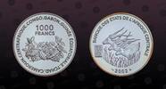 CENTRAL AFRICAN STATES 1000 Francs CENTRAL AFRICAN STATES , KM Unlisted , Silver, 1000 Francs, 2002, Proof, European Symbolic and 3 Gazelle. Very rare silver proo -