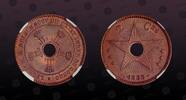 CONGO FREE STATE 2 Centimes CONGO FREE STATE , KM# 2 , Copper, 2 Centimes, 1888, Mint Strike, Leopold II. With a round hole in the center. NGC Scratch Resis -