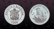 ANTIGUA & BARBUDA , KM# 6  , Silver, 100 Dollars , 1988, Proof, Tropical Birds - Cattle Egret. Coin housed in Original Mint Caps