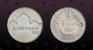 FINLAND 100 Markkaa FINLAND, KM# 69 , Silver, 100 Markkaa, 1991L-M, Mint Strike, Ice Hockey World Championships Games. Scarce coin in so excellent c -