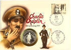 Italien Numisbrief Charlie Chaplin + Silbermedaille 999 Medaille Charlie Chaplin 999 er Silber + Briefmarke 1989 -