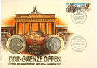 Deutschland Numisbrief DDR Grenze offen + Münzen 1 DM + 1 DDR Briefmarken gest. Berlin + Münzen 1 DDR und 1 BRD Mark DM -