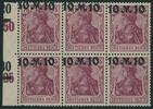 Deutsches Reich 6x 10 M. auf 75 Pfg 'Germania' 6er-Block mit horizontal verschobenem Aufdruck -
