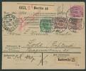 Deutsches Reich 2x 50 Pfg, 2 Mk. Paketkarte mit 50 Pfg-Paar Krone/Adler sowie 2 Mk. Innendienst nach Lodz -