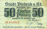 GERMANY - EMERGENCY NOTES (1914-1923) A - J 50 pfennig Biebrich am Rhein. Stadt. Billet. -